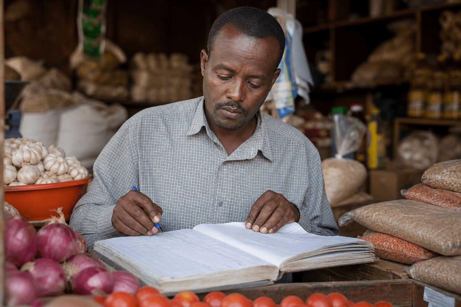 Trader reviewing a ledger to track customer credit and supplier debts