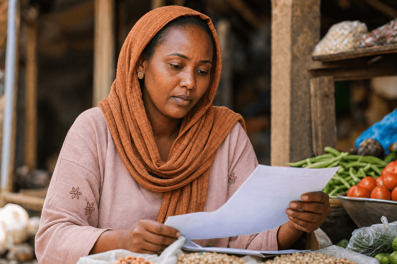 Small business owner reviewing loan paperwork at a market stall