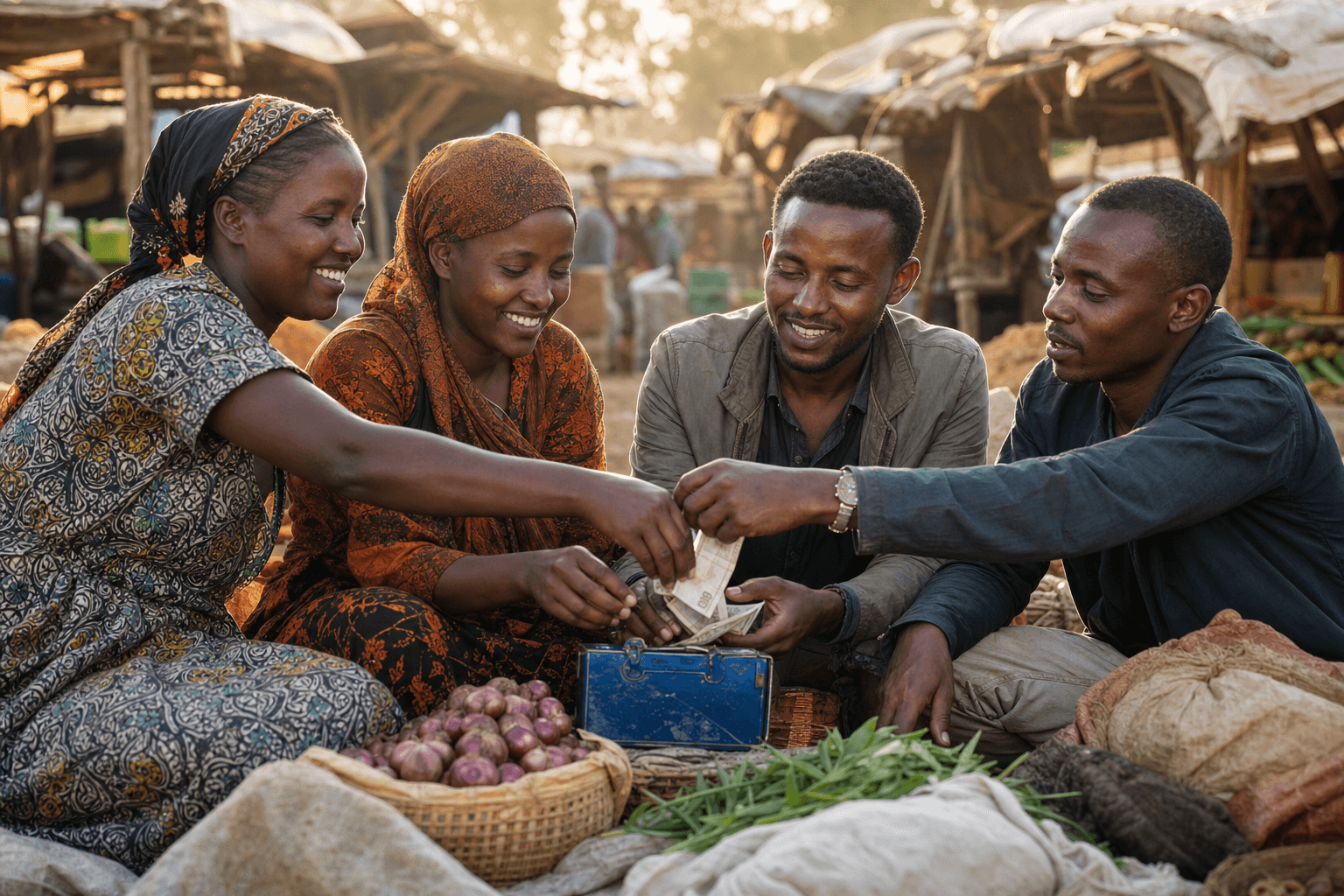 Group of market traders contributing to a community savings group