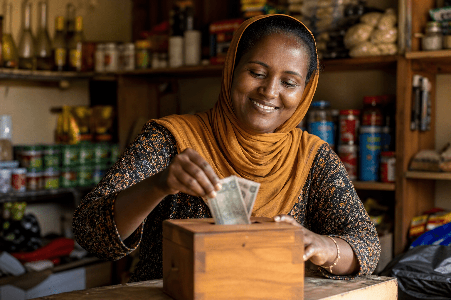 Shop owner putting cash into a savings box