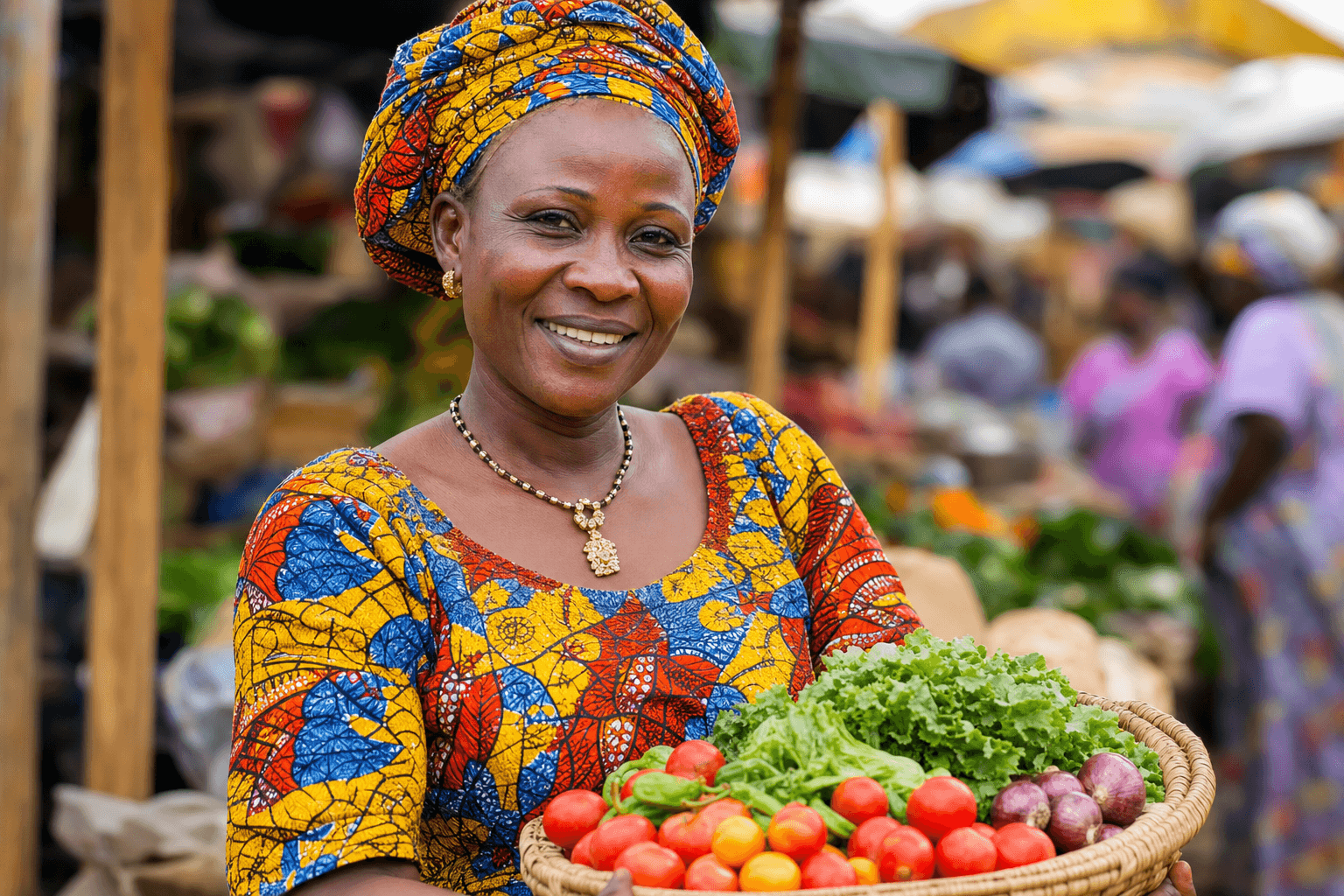 Market trader arranging fresh produce