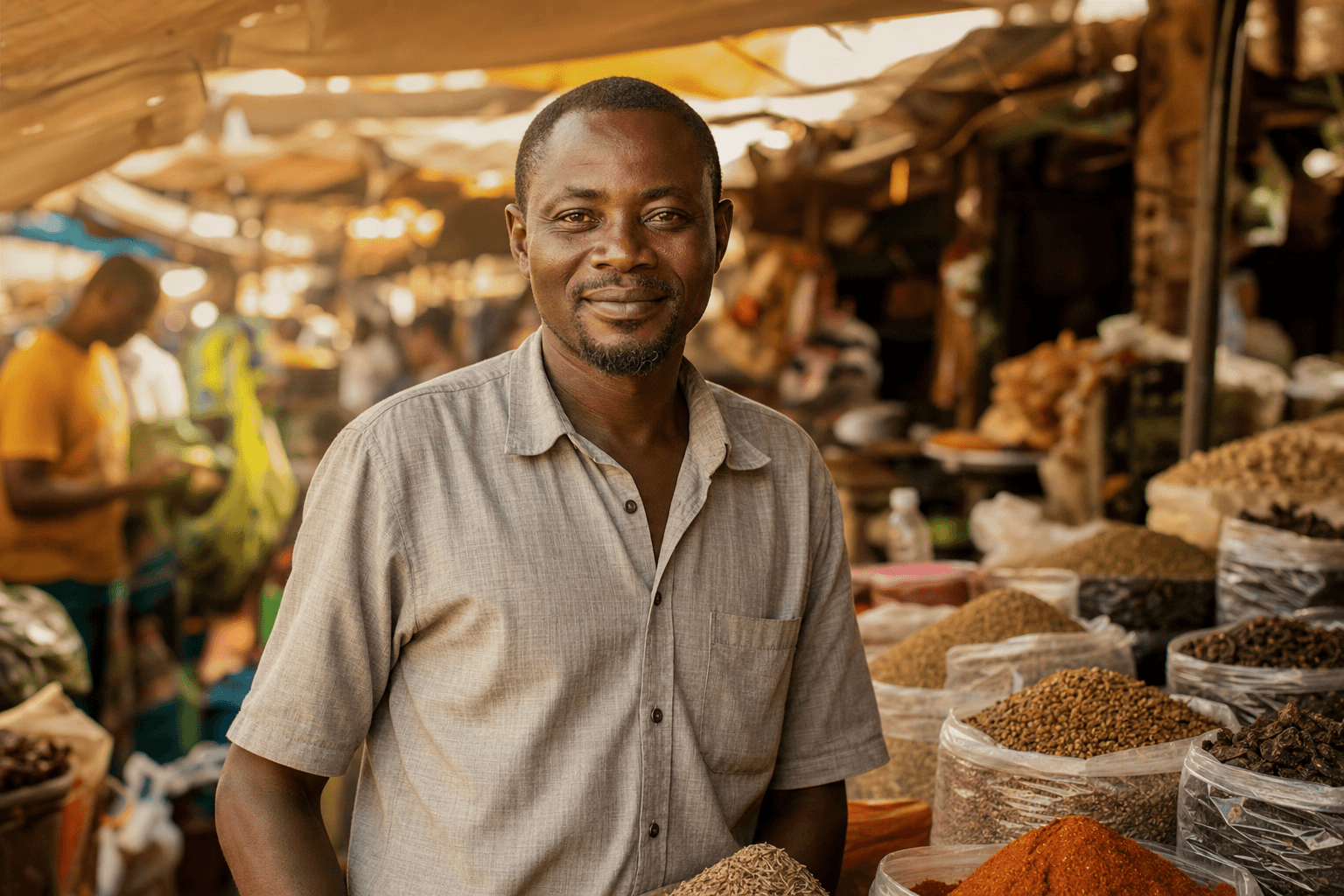 Trader at a busy market stall