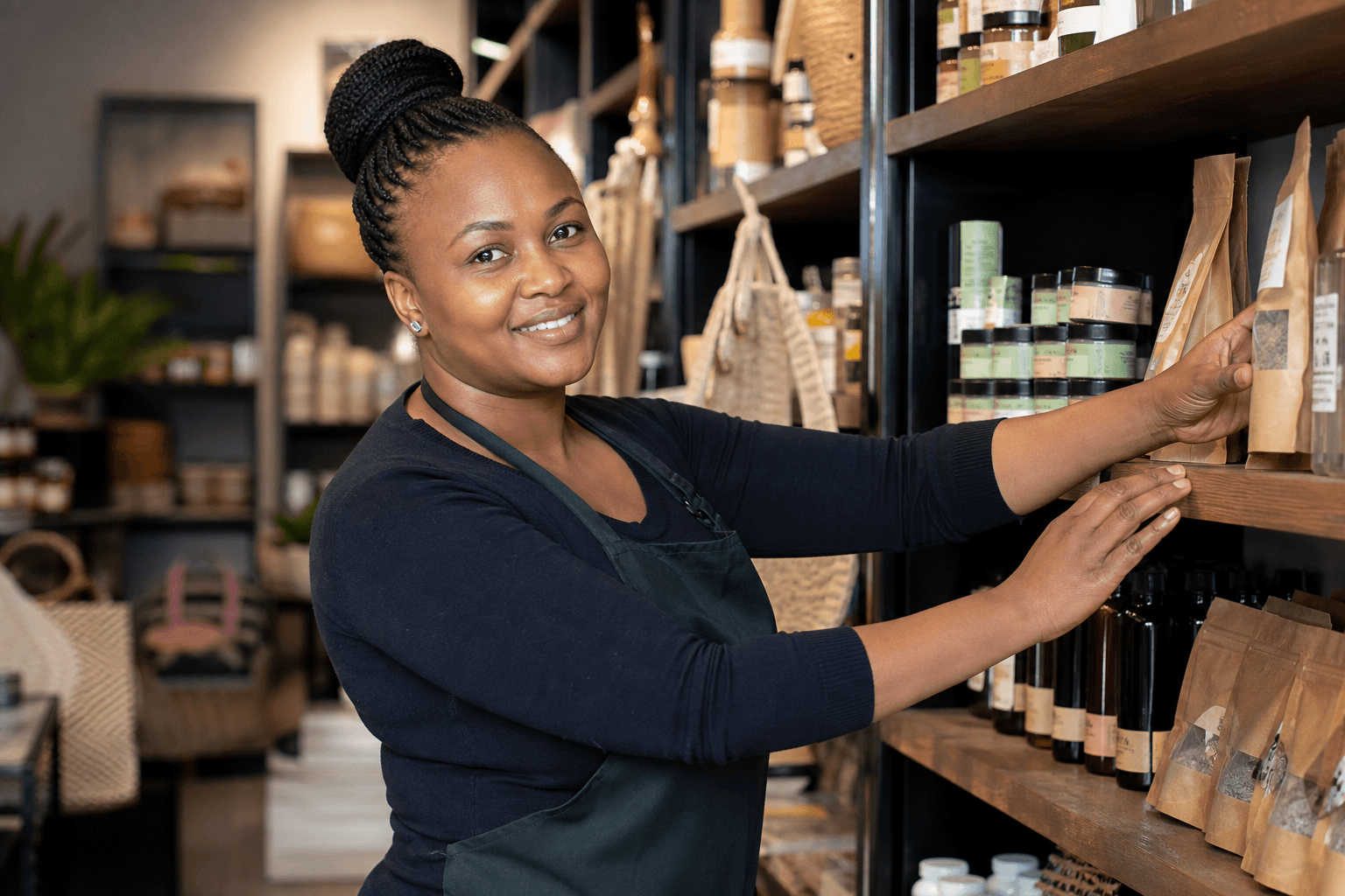 Shop owner organizing goods