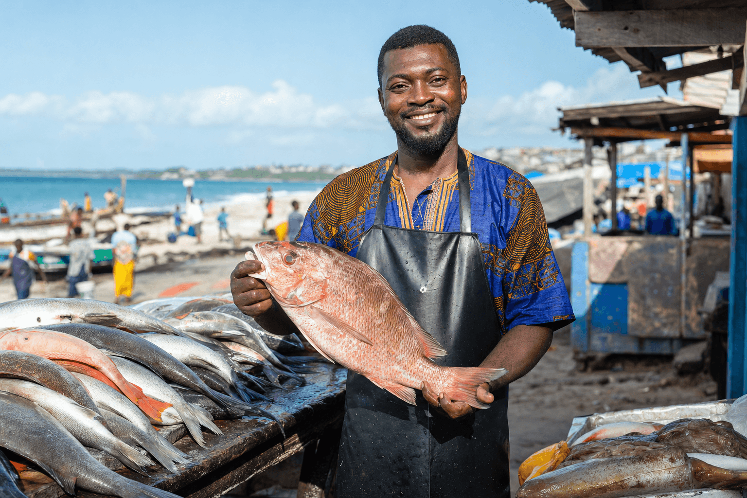 Coastal market vendor with fresh catch